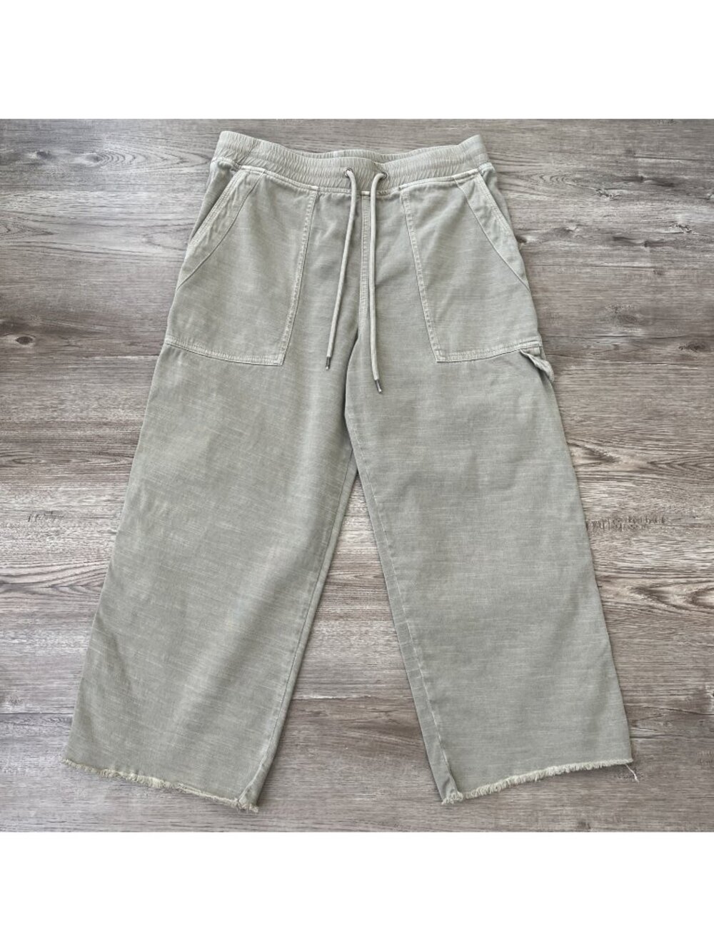 James Perse Cotton Wide Leg Crop Pants Womens 1/S Olive Raw Hem Utility Pocket